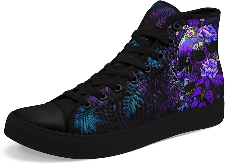 Gothic Skull High Top Sneakers for Men and Women Dark Floral Punk Rock Canvas Shoes Streetwear Casual Trainers - sugar skull boots