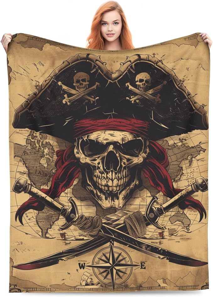 Vintage Pirate Skull Blanket for Kids Women Adults, Nautical Adventure Throw Blankets, Soft Lightweight Fleece for Bed Sofa Home Living Room Decor, Birthday Gifts, 50x60in - skull blanket