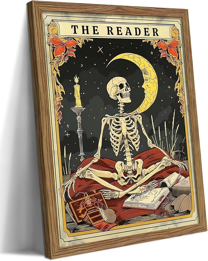 Gothic Wall Art, Dark Academia Wall Decor, The Reader Skeleton Picture, Wood Framed Moon and Candle Canvas Print, Vintage Book Lover Painting for Living Room Bedroom Home Library 8×10 inch