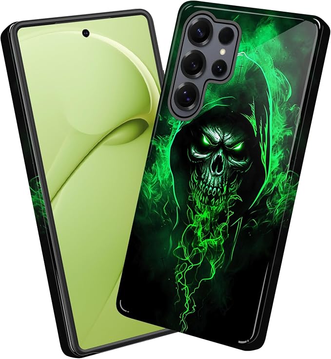 for Galaxy S26 Ultra Case,Heavy Duty Dual Layer Hard PC & Soft Silicone Rugged Bumper Shockproof Protective Case for Samsung Galaxy S26 Ultra 6.9 inch 2026,Green Flame Skull - Skull phone case