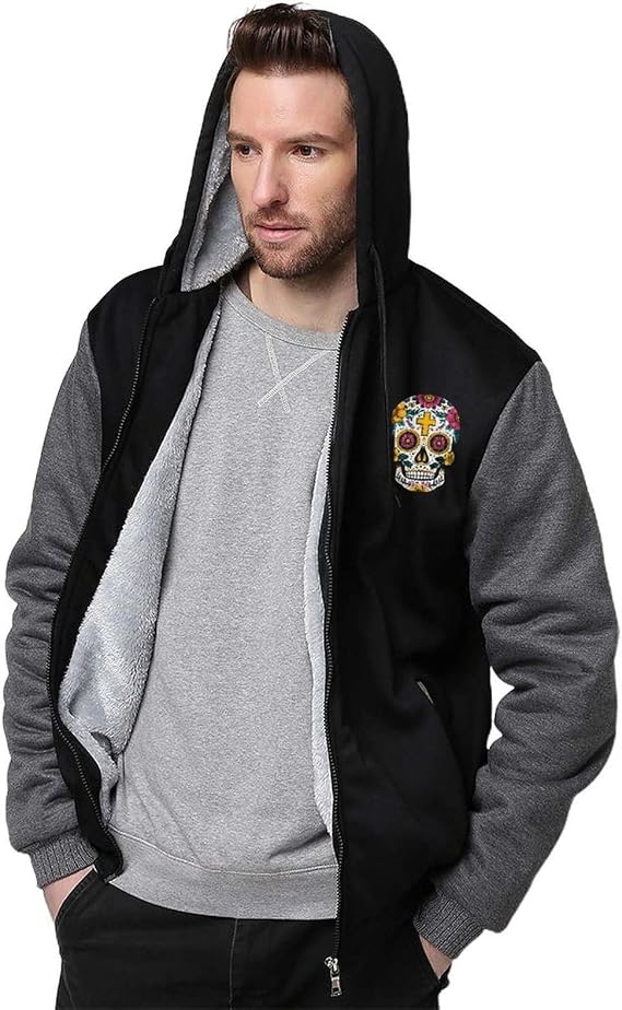 Mexican Sugar Skull Funny Men's Full Zip Hoodie Thick Heavyweight Fleece Hooded Sweatshirt Coat - skull hoodie