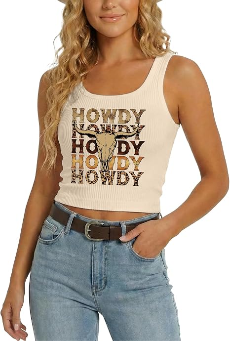 YHHR Women's Western Cowgirl Country Concert Crop Sleeveless Tank Tops - skull tank tops