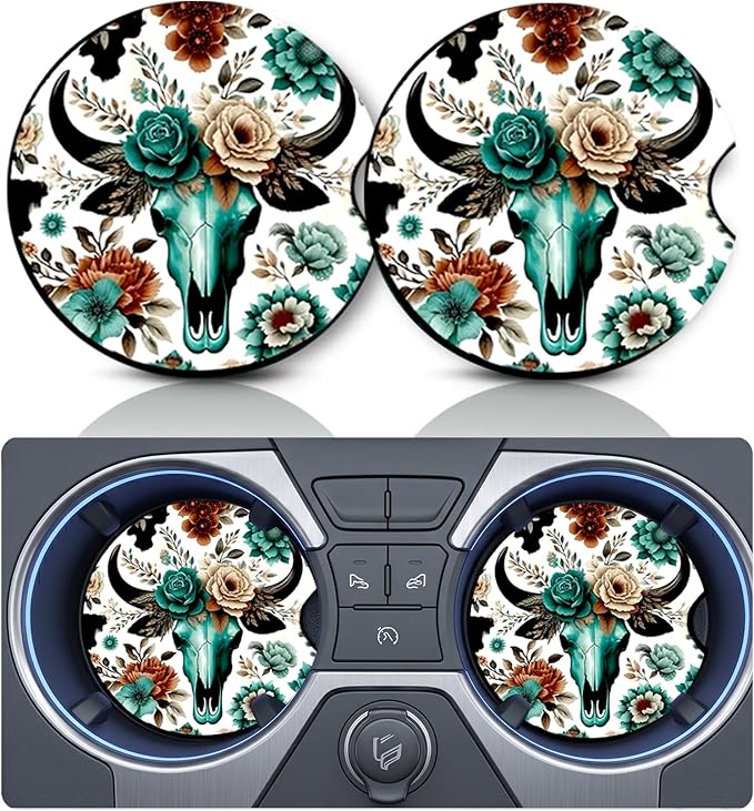 2PCS Bull Skull Flower Car Cup Holder Coasters General Non-Slip Rubber Mat - skull coaster