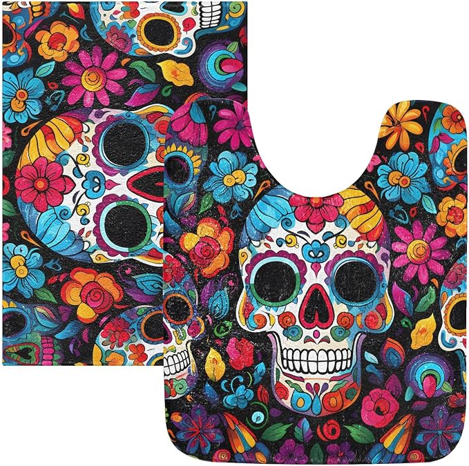 ALAZA Sugar Skull Day of Dead U Shape Toilet Bath Mat for Bathroom Contour Rug Carpet, Fluffy & Absorbent Fluffy Absorbent & Machine Washable