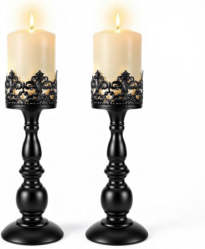 2PCS Candle Holders for Pillar Candles Gothic Matte Black Vintage Tall Candle Holders Set Table Centerpiece Set Iron Candle Stand Decor - skull candle