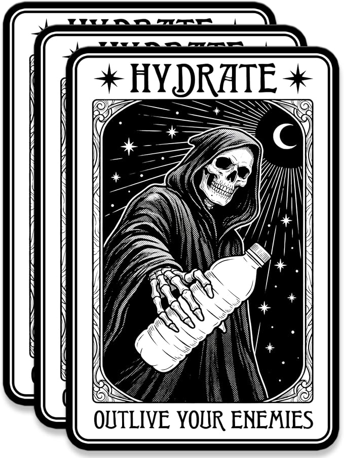 3 Pack Hydrate Outlive Your Enemies Skeleton Sticker Dark Humor Gothic Tarot Style Skull Vinyl Waterproof Funny Sarcastic Decal Laptop Water Bottle Goth Aesthetic Death Meme Gift 3 Inch - skull sticker