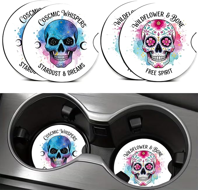 4PCS Skull Car Coasters for Cup Holders Neoprene Universal 2.75" - skull coaster