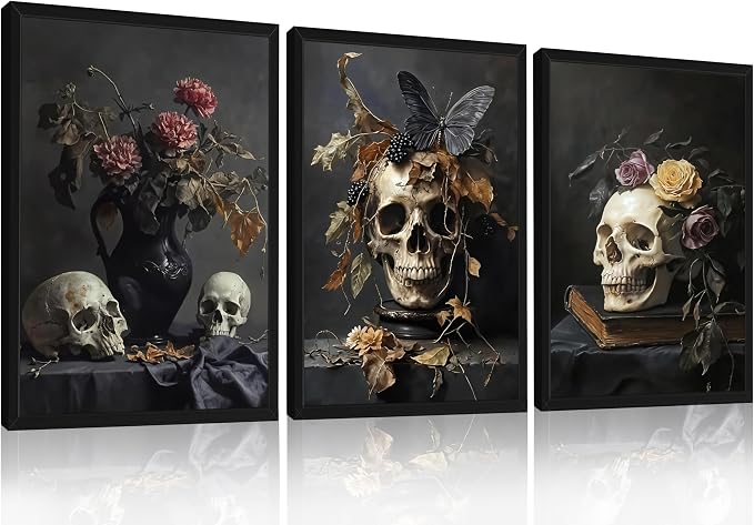Framed Dark Academia Wall Art 3 Piece Skull Rose Picture Decor 12x16 Inch - skull painting