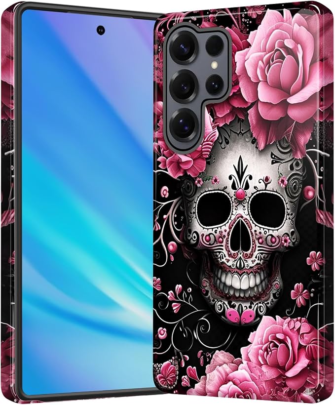 for Galaxy S26 Ultra Case, Heavy Duty Shockproof Protection Soft Silicone Rubber+Hard Plastic Hybrid Protective Case for Samsung Galaxy S26 Ultra 6.9" 2026,Pink Rose Sugar Skull - Skull phone case