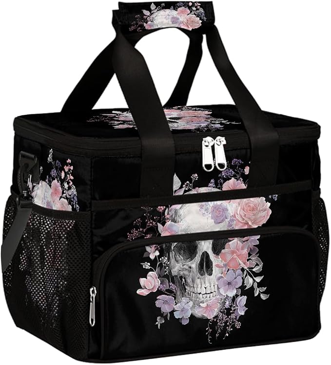 Skull Flower Floral Soft Cooler Bag Insulated Lunch Box for Men & Women, Large Leakproof Lunch Bag Portable Beach Cooler for Work, Picnic, Road Trips,Fishing, Travel, Camping,A-19 - skull suitcase