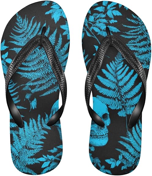 Gothic Style Fern Blue Skull rubber flip flops for women lightweight ladies flip for Outdoor Swimming, Hiking, Travel - sugar skull costume