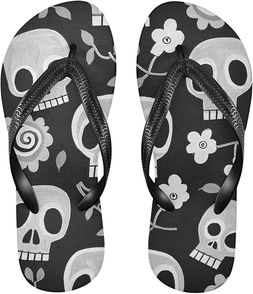 White Skull and Flowers rubber flip flops men lightweight womans flip for Shower Swimming Pool summer - sugar skull costume