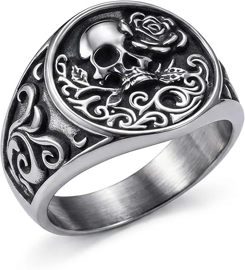 Skull Rings for Men Women Band Gothic Punk Stainless Steel Ring Silver Vintage Goth Rose Skeleton Cocktail Party Biker Ring - skull jacket