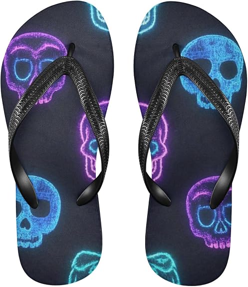Neon Fluorescent Skull rubber flip flops supportive womans flip for Outdoor Swimming, Hiking, Travel beach - sugar skull costume