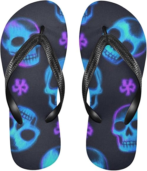 Neon Fluorescent Skull rubber flip flops men Quick-Dry womans flip for Outdoor Swimming, Hiking, Travel summer - sugar skull costume