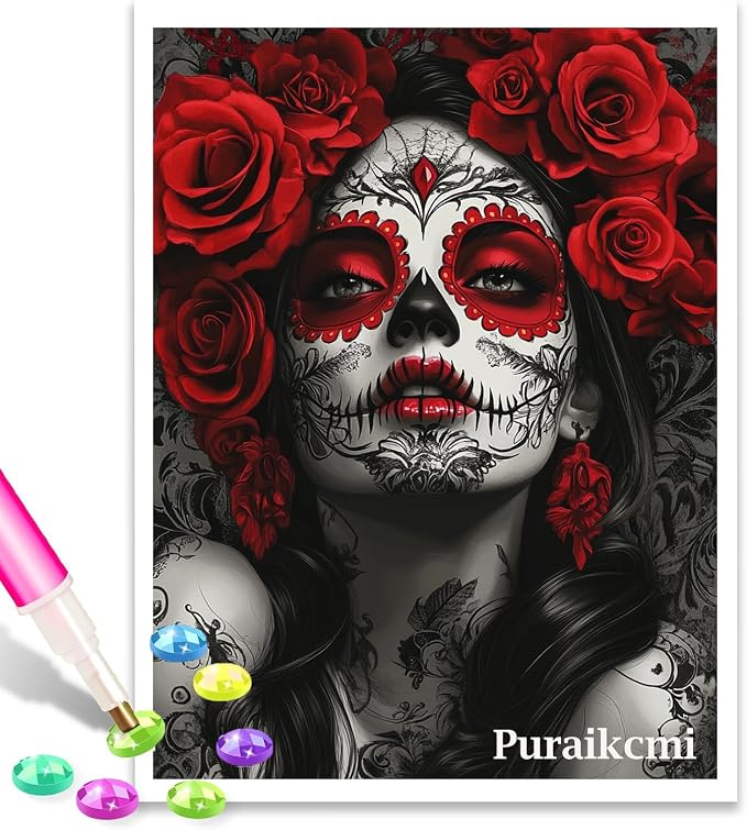 Puraikcmi DIY 5D Black and Purple Sugar Skull Girl Diamond Art Painting Kits 12x16 Inch Full Drill Round Diamonds Rhinestone Embroidery for Wall Decoration - skull painting