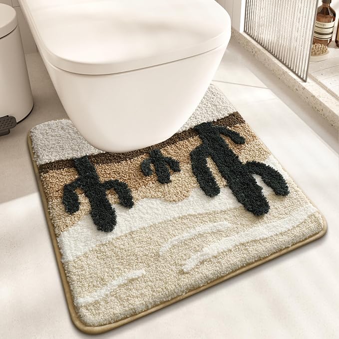 Desert Cactus Toilet Mat, U-Shaped Non-Slip Bath Rug with Soft Absorbent Microfiber, Beige Brown Bathroom Floor Mat for Toilet Base, Machine Washable Bathroom Decor 22×20 Inch