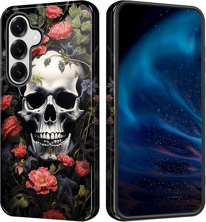 for Samsung Galaxy S26 Case,Shockproof Rugged Dual Layer Protective Cover with Raised Edge for Screen & Camera, Slim Durable Phone Case,Skull with Flowers - Skull phone case