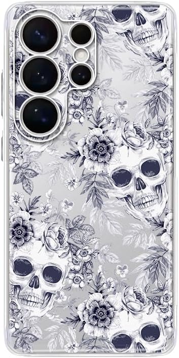 for Samsung Galaxy S26 Ultra Case, Retro Floral Skull Design Vintage Art Style Transparent Soft TPU Protective Clear Case 6.9 Inch (White Floral Skulls) - Skull phone case