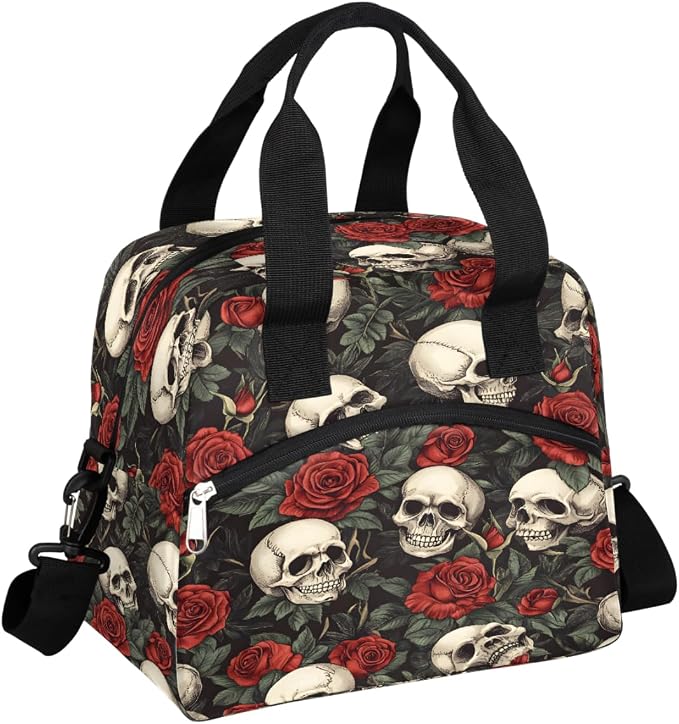 Skull Roses Lunch Bag for Women Girls, Reusable Insulated Lunch Tote Bag with Shoulder Strap, Carry On Lunchbox Thermal Cooler Lightweight Handbag for Kids Adult School Work Office Picnic - sugar skull handbags for sale