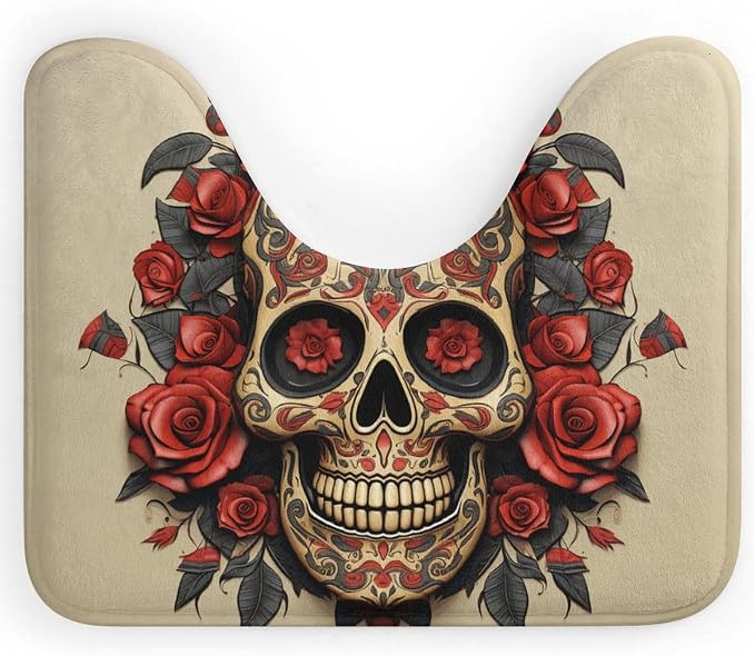 Red Rose Sugar Skull Bathroom Rug U-Shaped Non-Slip Toilet Contour Rug 20" X 16" Absorbent Quick Dry Plush Toilet Mat Low Pile Soft Commode Mat Bath Floor Carpet - skull toilet mat