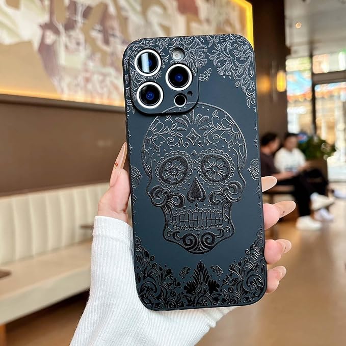 Magnetic Case for iPhone 16 Pro Max Aesthetic Skull Flowers Floral Print Design Unique Elegant Pattern Compatible with MagSafe Protective Shockproof Slim Thin Fit Camera Cover Black TPU - Skull phone case