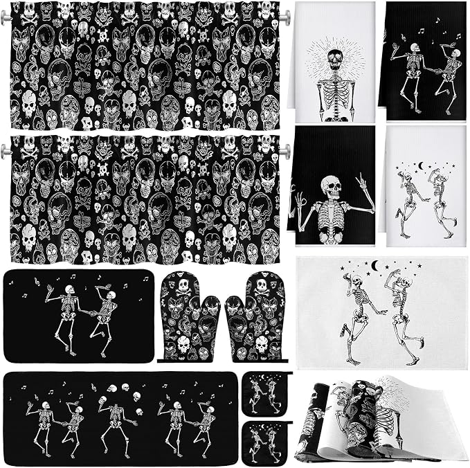 16pcs Utensil Sketch Kitchen Decor Set, Farmhouse Black White Towel Rug Set - skull floor mat