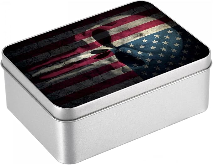 Metal Tin Box with Lid, Rectangular Empty Tinplate Storage Container, Lightweight Portable Tin Case for Crafts, Jewelry, Candles, Gifts, Skull Flag