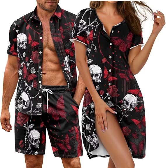 His and Her Pajamas for Couples Set Plus Size Button Down Pjs Nightgown Sleepwear Lounge Sets - skull pajamas