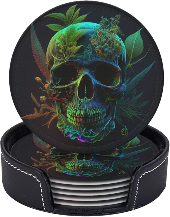 Set of 6 Round Leather Drink Coasters with Holder Mats for Cup Coffee Table Bar Kitchen Home Decor, Skull Cannabis Weed Psychedelic - skull coaster