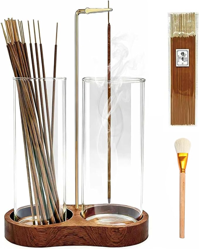 Ceremony Incense Holder,2 in 1 Wooden Incense Burner(Transprent, Two Glass) - skull incense burner