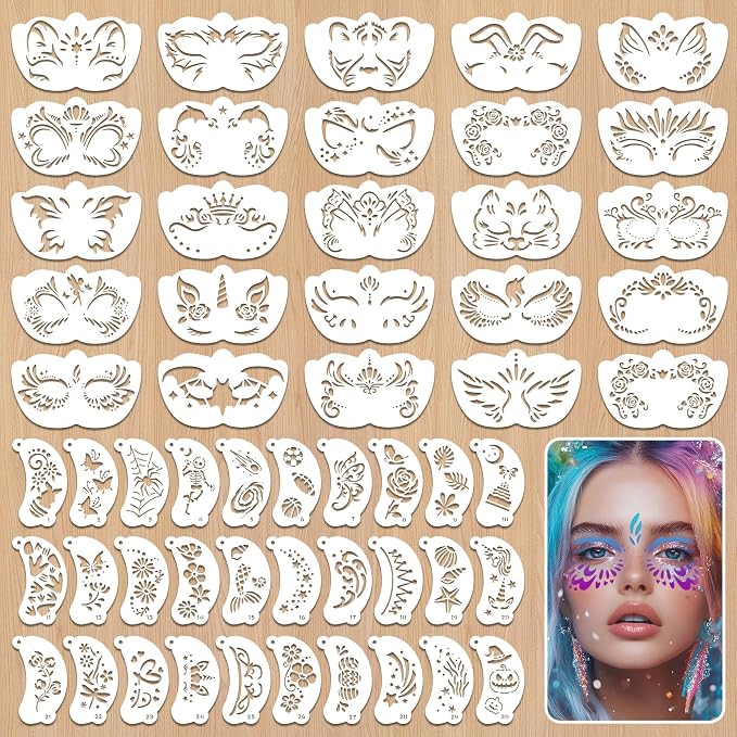 55PCS Face Paint Stencils Kit, Reusable DIY Makeup Art Face Painting - skull painting