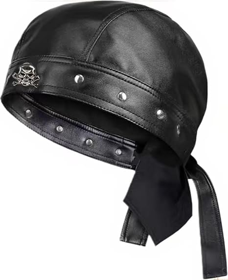Leather Skull Hat - Strappy Black Rider Skull Hat, Motorcycle Leather Hat, Suitable for Everyday Wear and Street Style - skull hat