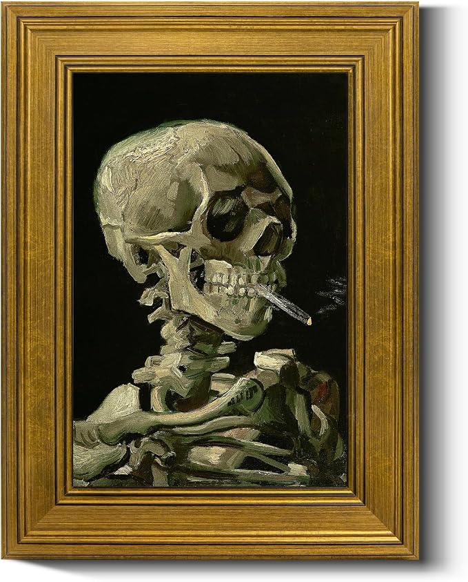 Retro Gold Framed Wall Art, 12″x16″ Artwork, Oil Paintings Print Wall Decor for Living Room Bedroom Office Decoration – Canvas Print of Vincent Van Gogh Skull of a Skeleton with Burning Cigarette