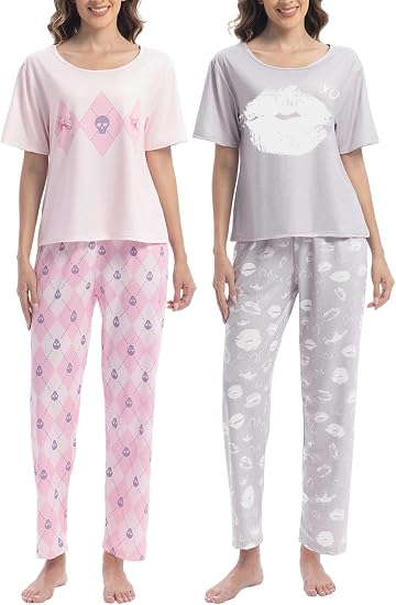 2 Pack: Women's Scoop Neck Pajama Set,Comfy Cute Pjs Loungewear - skull pajamas