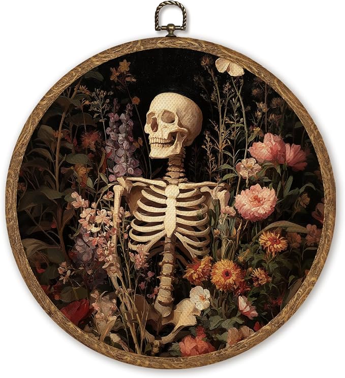 Vintage Floral Skeleton Round Wall Art ,10x10 Inch Cycle of Life Circular Frame, Dark Academia Decor Wildflower Skull Gothic Art for Bedroom Living Room,Halloween Home Decor,Retro Natural Artwrok(Brown-Skeleton01) - skull wall art