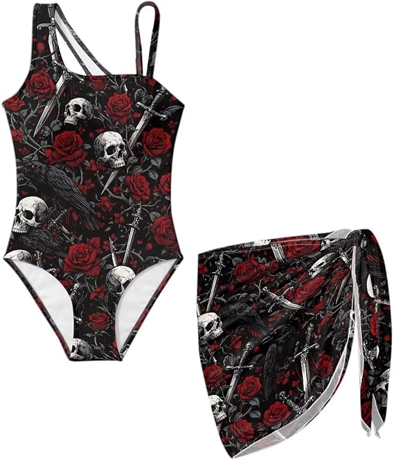 Suobstales Girls Swimsuit One Piece Bathing Suit with Adjustable Straps Kids Swimming Suits Beach Swimwear with Mesh Cover Up - skull swimsuit