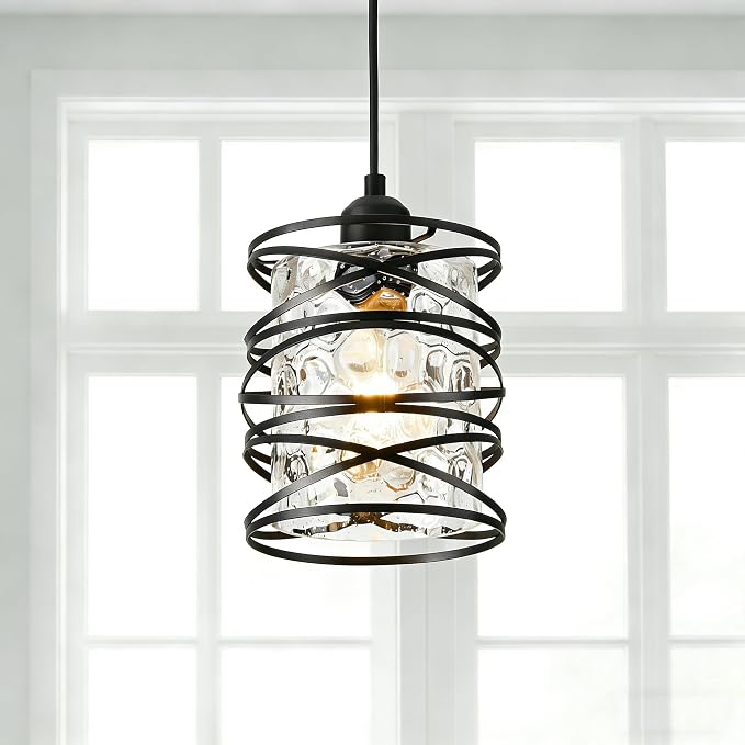 Hammered Glass Pendant Light, Black Metal Spiral Cage Hanging Lamp, Adjustable Height Modern Hanging Light Fixture for Kitchen Island, Dining Room, Living Room, Hallway, Entryway - skull lamp