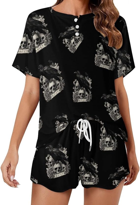 Ravens Crow on Skulls Printed Women's Pajama Set 2 Piece Casual Short Sleeve Sleepwear Home Suit Pjs - skull pajamas