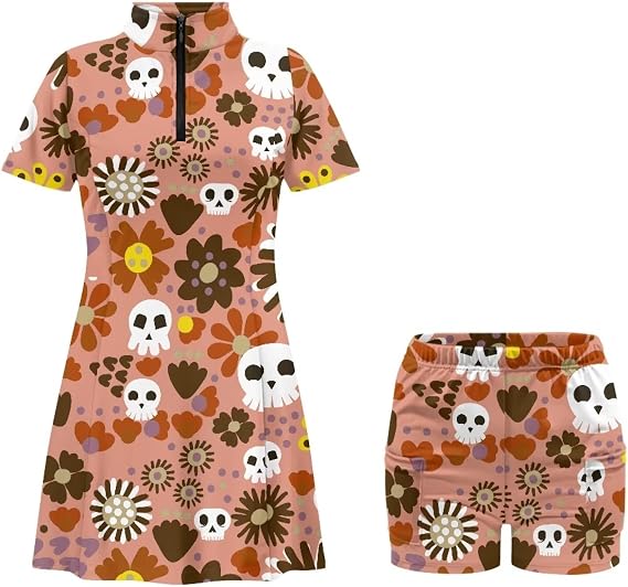 Showudesigns Golf Tennis Dresses for Women Plus Size Workout Dress Short Sleeve Active Dresses with Shorts Pocket - sugar skull dress