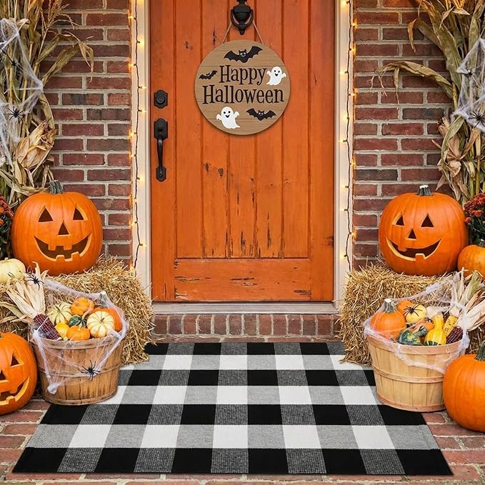 Fall Decor Buffalo Plaid Outdoor Rug 27.5″ x 43″ Black and White Checkered Area Rug Washable Doormats Indoor Outdoor Rugs for Layered Front Door Mats, Porch, Entryway, Kitchen, Farmhouse
