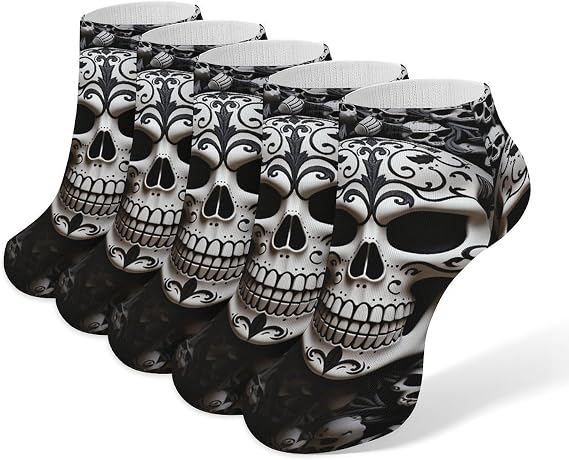 Ankle Socks Black And White Skulls Socks for Women Men Athletic Cotton Sock Moisture-Wicking Sock for Running Sports Warm Stockings 5 Pairs - sugar skull costume