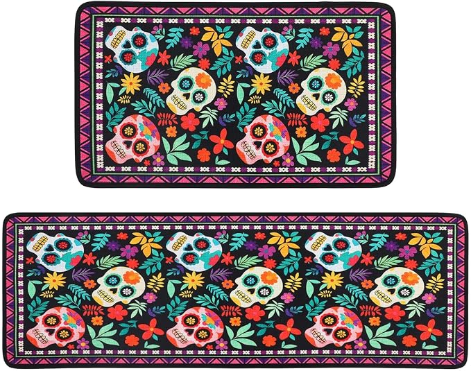 Tinideya Halloween Kitchen Mats Set of 2, 47"x16"+28"x16" Spooky Skull Kitchen Rugs Non Slip Low Profile Fall Decor Sink Runner Rug for Indoor Floor Bathroom Doorway - skull floor mat