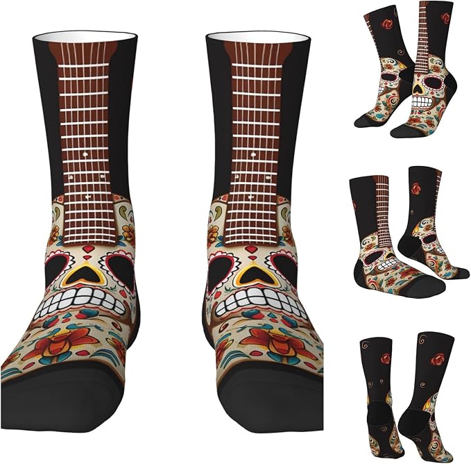 Funny Socks for Men Women Dress Socks Moisture-Wicking Crew Socks Guitar Pepper Sugar Skull Novelty Athletic Socks - sugar skull costume