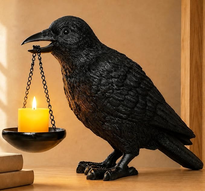 Gothic Crow Lamp with Tealight Candle Holder Raven Statue Halloween Decor Black Bird Decorations Indoor Gothic Home Decor for Living Room Tabletop Shelf Bedroom Unique Goth Witchy Gifts - skull candle