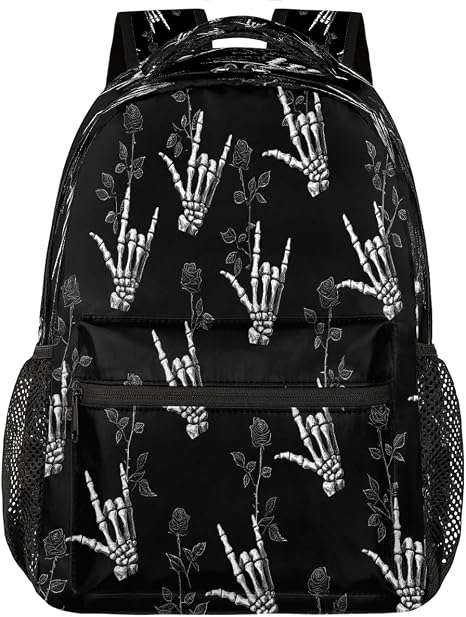 Pardick Hand Skull Rose Backpack for Kids Girls Boys 16inch School Backpacks Lightweight Laptop Backpack Large Capacity Bookbag Waterproof Travel Daypack Computer College Bag Student Gym Rucksack