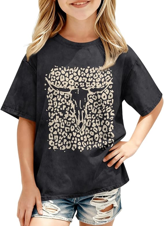 Girls Western Cowgirl Shirt Boho Cow Skull Shirts for Kids Country Graphic Tees Retro Acid Wash T Shirt Rodeo Outfit - skull tshirt
