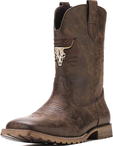 JASONSTAR Western Cowboy Boots for men, Vintage Distressed Brown Square Toe Mid-Calf Boots with Longhorn Skull American Flag Embroidery, Non-Slip Rubber Sole Comfortable for Riding Outdoor Daily Wear - sugar skull boots