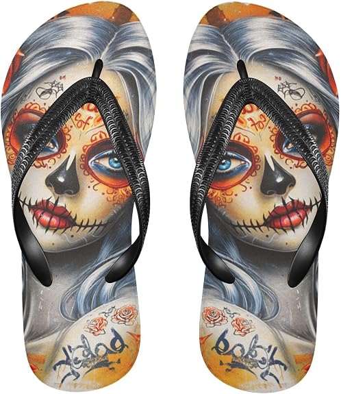 Black and Red Chinese Dragon Mexican Sugar Skull Girl rubber flip flops for women soft sandals for women Outdoor - sugar skull costume
