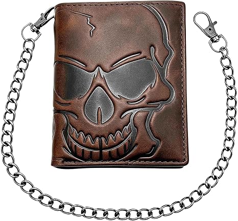 Skull Wallet for Men Bifold Card Holder Wallet Pocket Purse Cowhide Leather Wallet with Chain - skull wallet